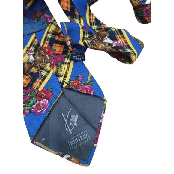 KENZO PARIS Blue Floral Equestrian Silk Tie ITALY 59"/ 4" EC - Picture 5 of 9